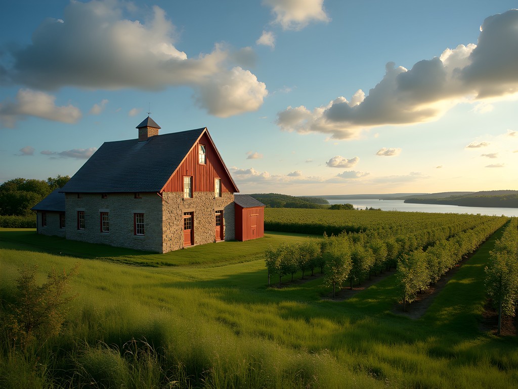 Traditional Quebecois farmstead with stone house, red barn and agricultural fields on Île d'Orléans with St. Lawrence River in background