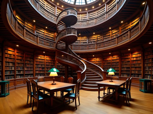 Historic Victorian library with wooden spiral staircases and floor-to-ceiling bookshelves at Morrin Centre in Quebec City
