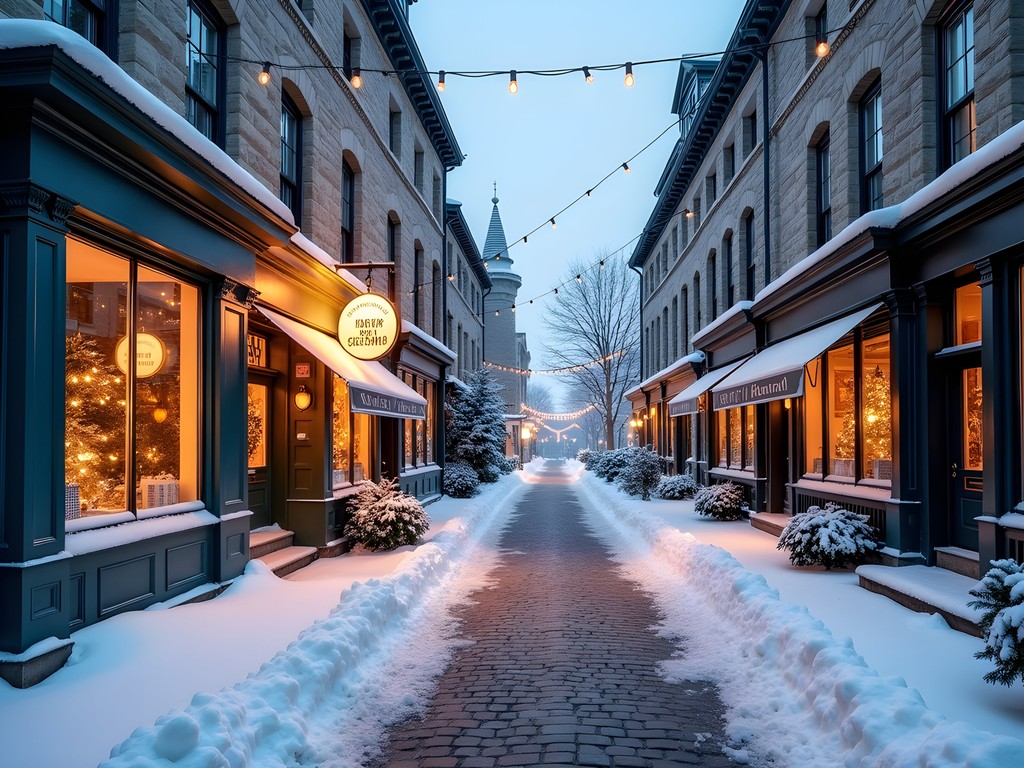 Snow-dusted cobblestone streets of Petit-Champlain Quarter in Quebec City with historic buildings and twinkling lights