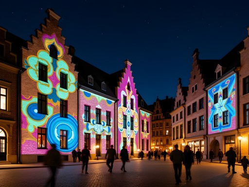 Colorful light projections illuminating historic buildings during a night festival in Quebec City's arts district