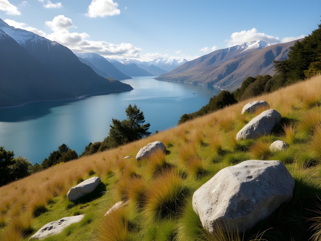 Ancient Māori pā site overlooking Lake Wakatipu with traditional markers