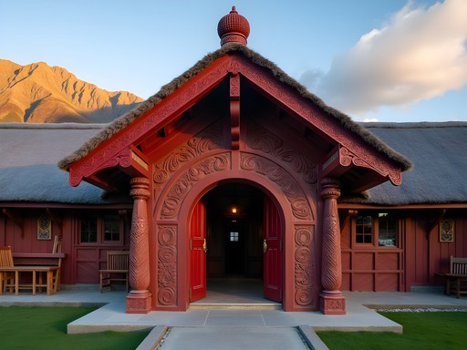 Traditional Māori meeting house (wharenui) in Queenstown region with carved entrance
