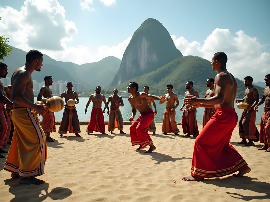 Capoeira practitioners performing in a roda at Aterro do Flamengo park in Rio