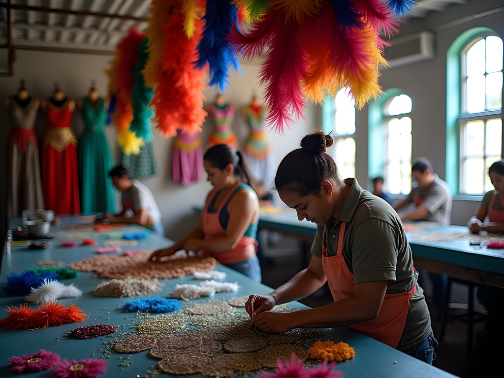 Artisans creating elaborate carnival costumes at Cidade do Samba in Rio de Janeiro