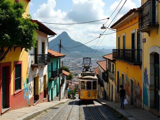 Colorful historic buildings and street art in Santa Teresa neighborhood of Rio de Janeiro