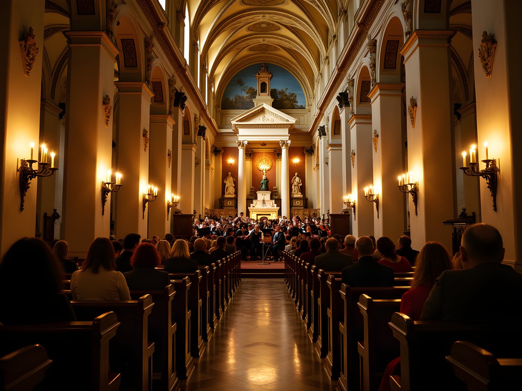 Candlelit evening concert in historic Roman baroque church with musicians in period costume