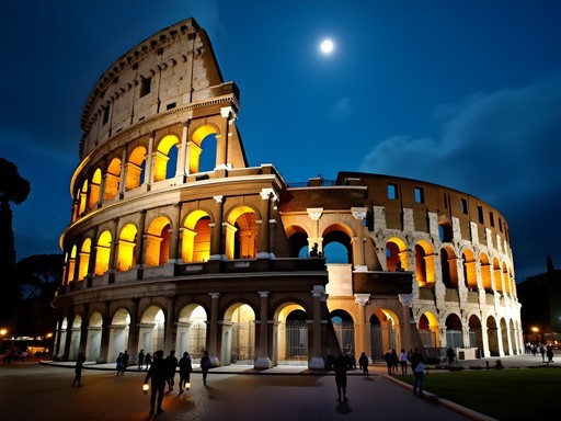 Roman Colosseum illuminated by moonlight during exclusive evening tour