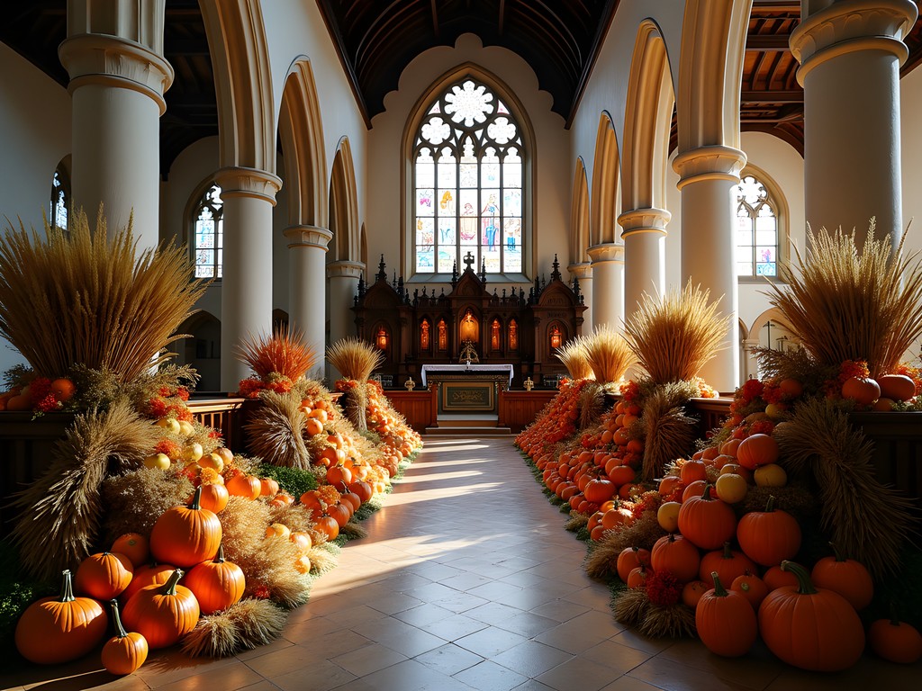 Elaborate harvest festival display with traditional arrangements of produce in St. Jakob's Church, Rothenburg