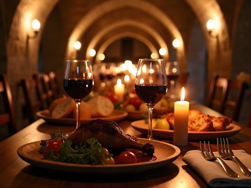 Romantic medieval feast in stone cellar restaurant with candlelight in Rothenburg
