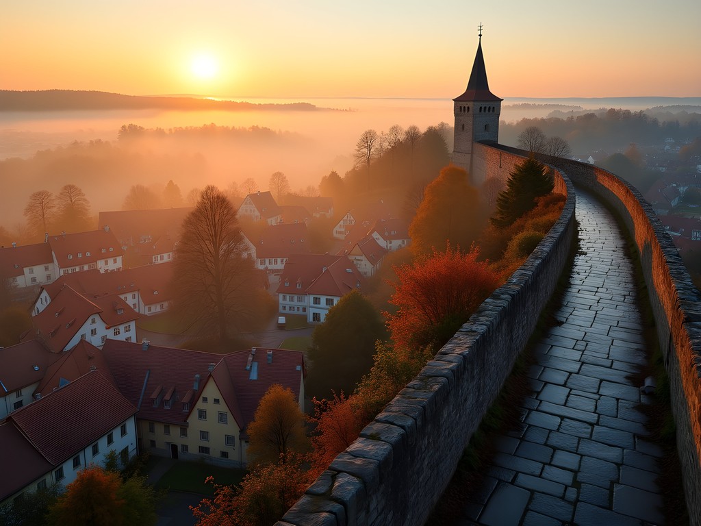Sunrise view from Rothenburg's medieval city walls with autumn colors and red-tiled rooftops