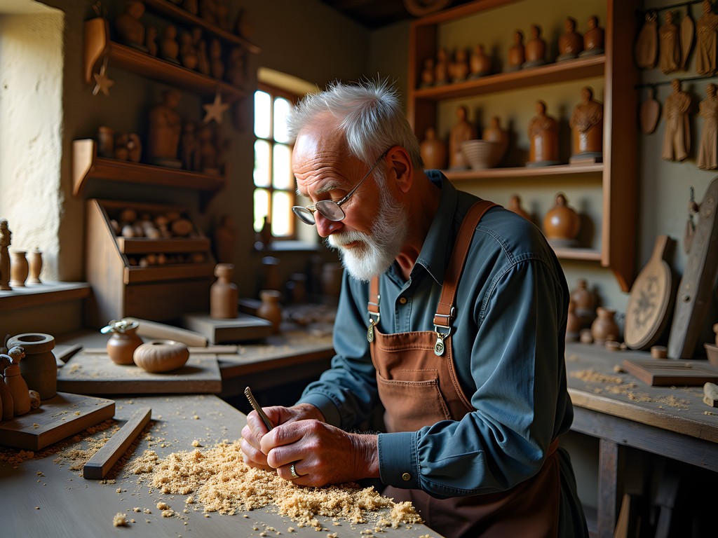 Traditional woodcarving workshop in Rothenburg with craftsman teaching visitors