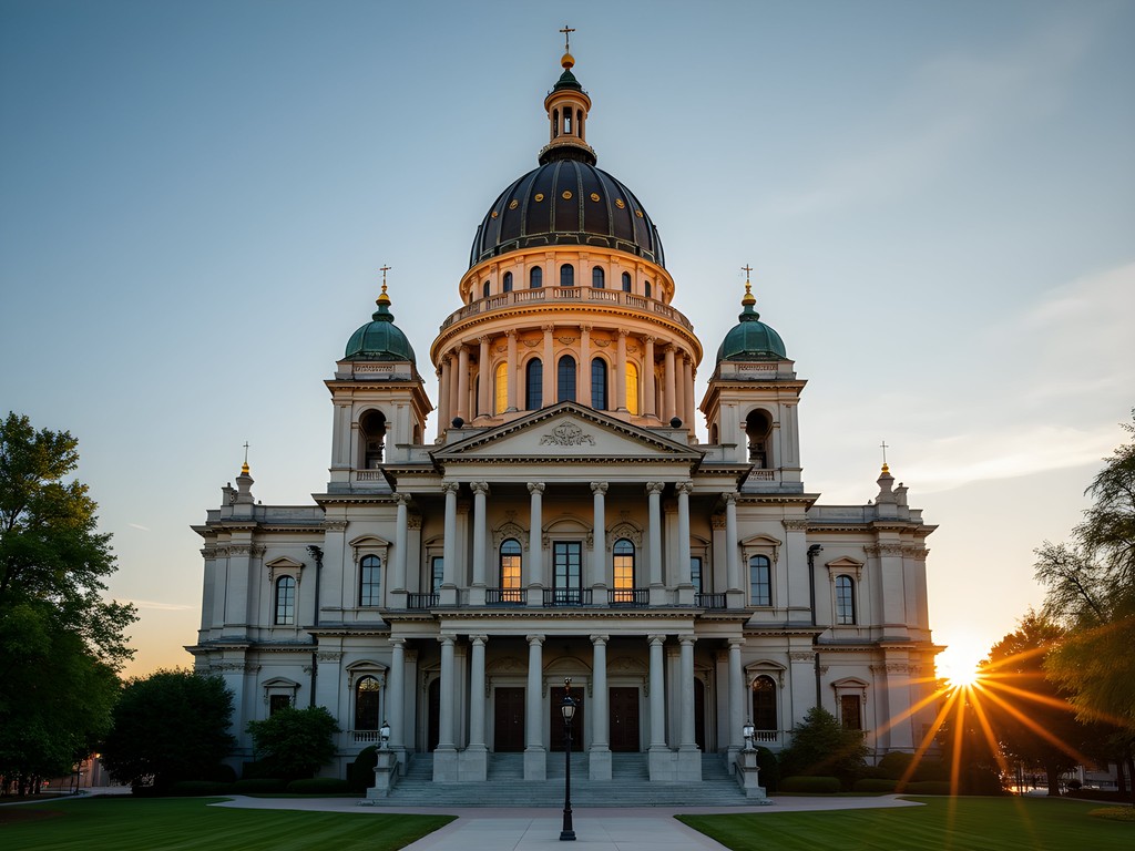 Cathedral of Saint Paul dome illuminated by golden hour light