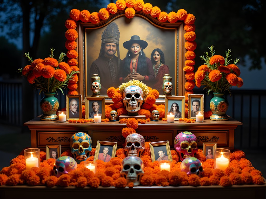 Colorful Día de los Muertos altar with marigolds and sugar skulls in San Antonio