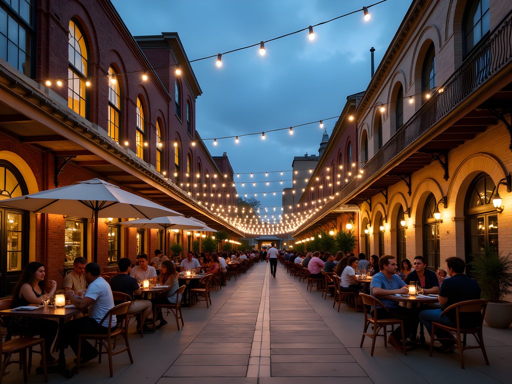 Evening atmosphere at the historic Pearl District in San Antonio with string lights and historic architecture