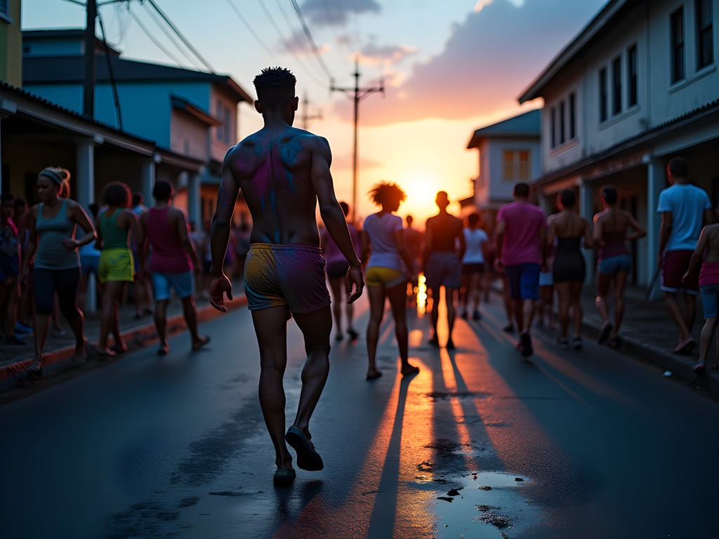 J'ouvert morning celebration in San Fernando with paint-covered participants dancing at dawn