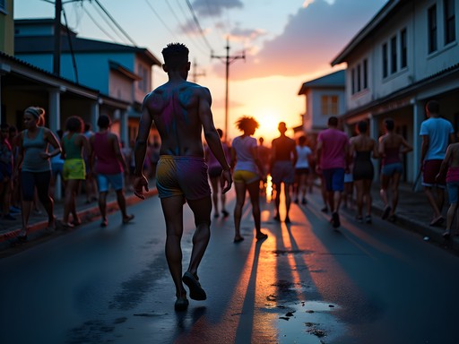 J'ouvert morning celebration in San Fernando with paint-covered participants dancing at dawn