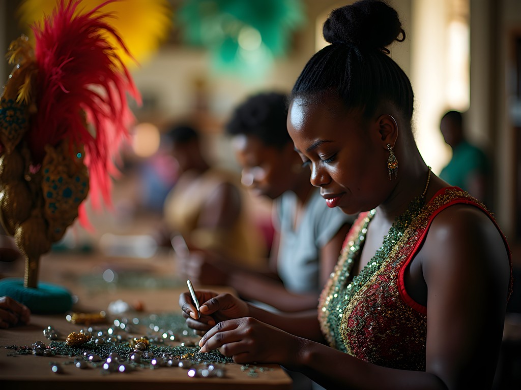 Artisans working on elaborate Carnival costumes in a San Fernando mas camp