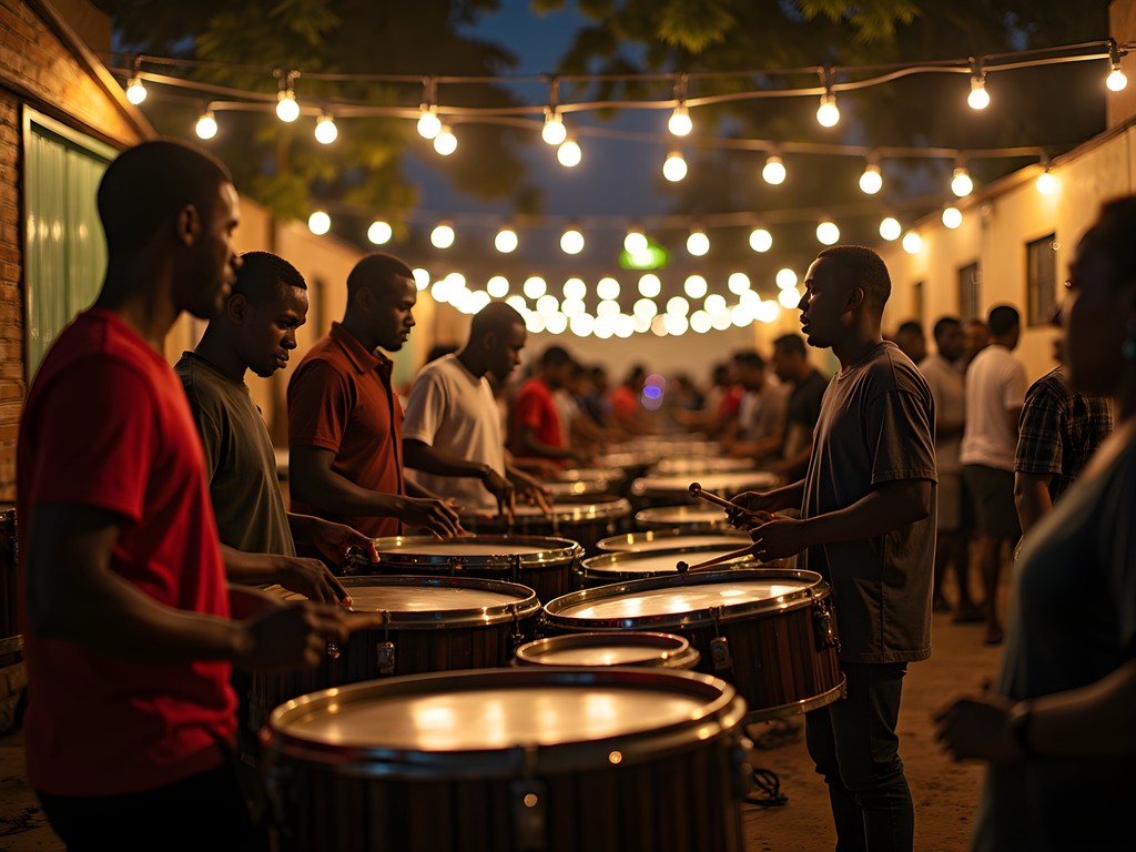 Nighttime steel pan rehearsal at a San Fernando pan yard with local musicians
