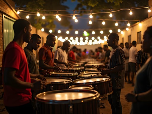 Nighttime steel pan rehearsal at a San Fernando pan yard with local musicians