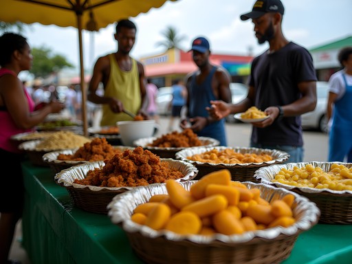 Colorful display of Trinidadian street food during Carnival in San Fernando