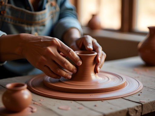 Hands creating traditional Pueblo pottery using coil method