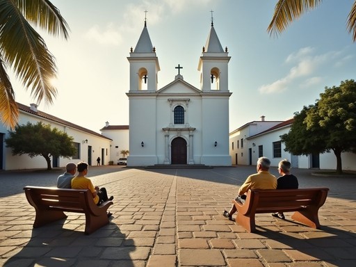 Santa Maria's church plaza at morning with locals gathering