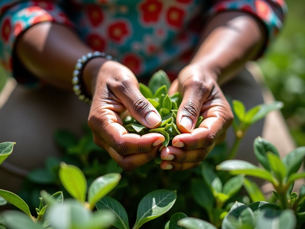 Elderly Cape Verdean traditional healer showing medicinal plants in garden