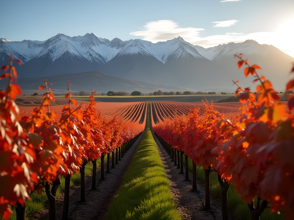 Maipo Valley vineyard rows in autumn colors with snow-capped Andes mountains in background