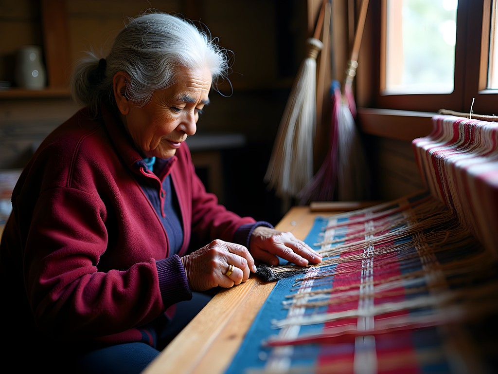 Indigenous Andean weaver demonstrating traditional textile techniques with colorful yarns in Santiago workshop