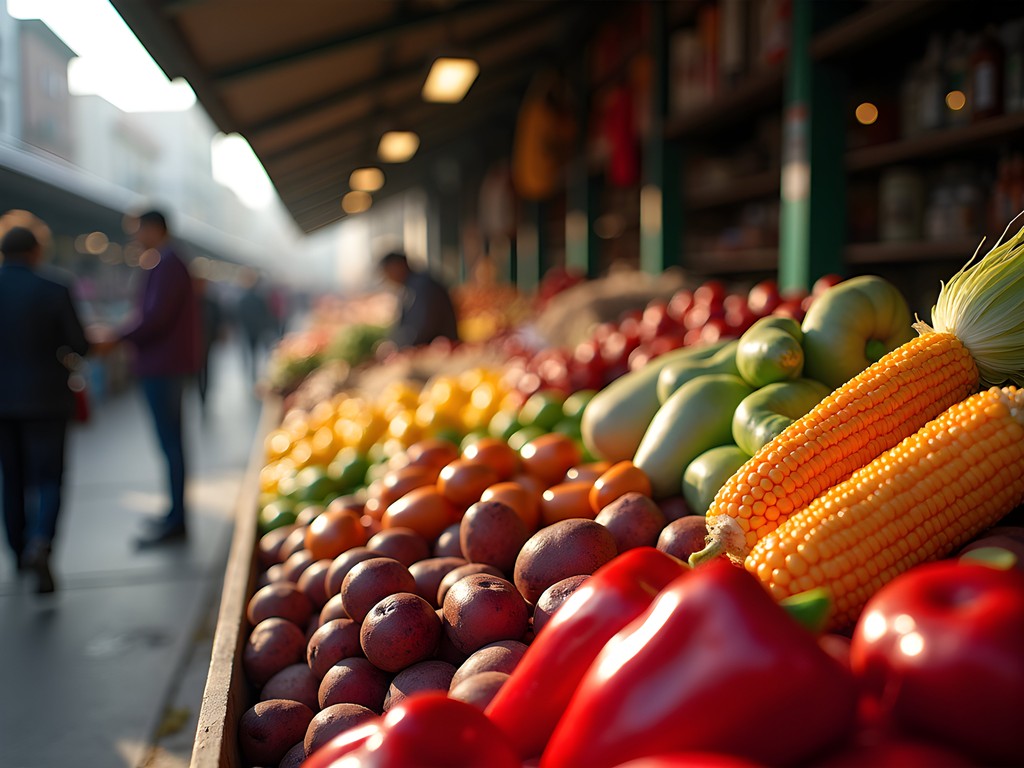 Vibrant produce display at La Vega Central Market in Santiago showing Chilean fruits and vegetables in autumn season