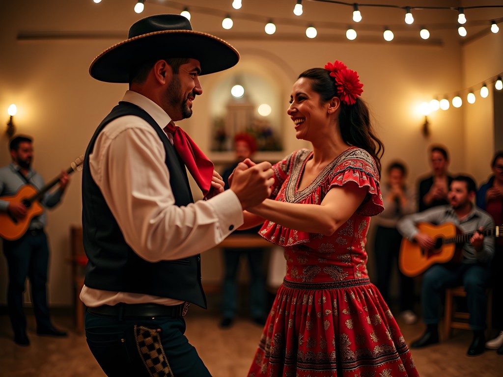 Traditional Chilean cueca dancers performing in Santiago venue with musicians playing guitar and harp