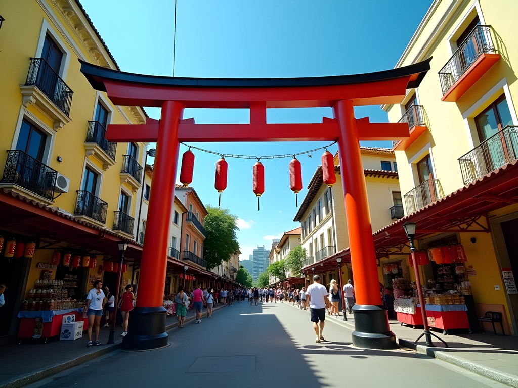 Red torii gates and lanterns in Liberdade, São Paulo's Japanese district