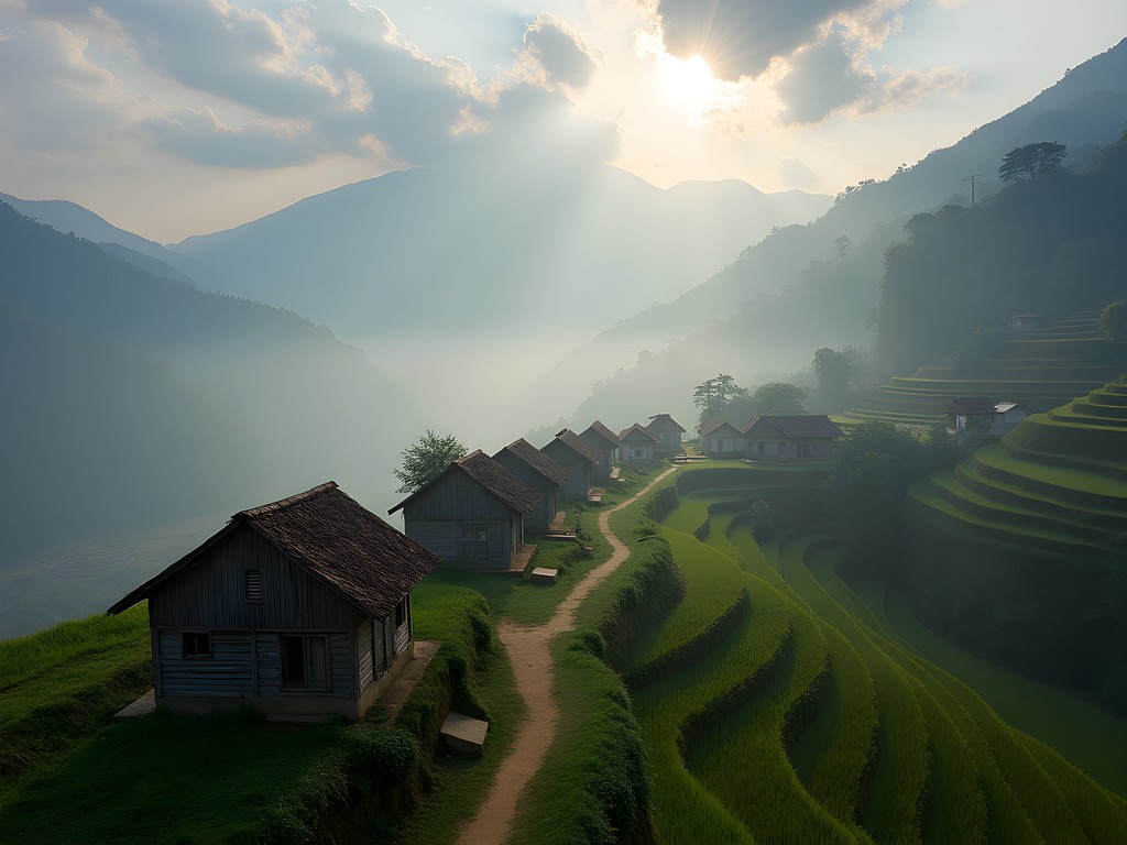Remote Hmong village nestled in misty Sapa mountains with traditional houses