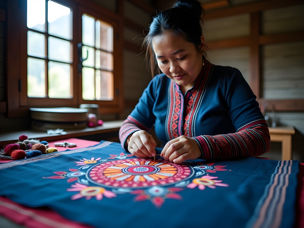 Hmong woman creating traditional embroidery in home workshop in Sapa