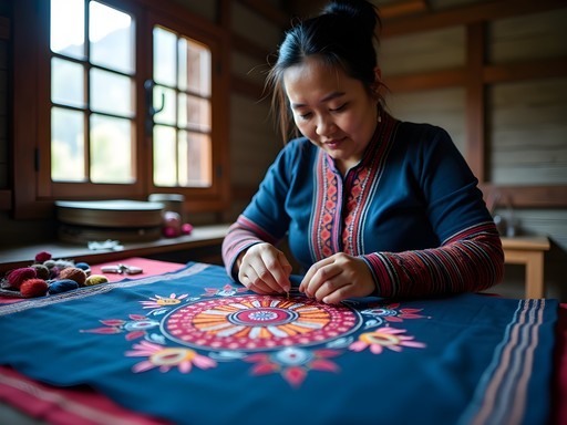 Hmong woman creating traditional embroidery in home workshop in Sapa