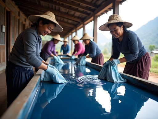 Hmong women teaching traditional indigo dyeing techniques in Sapa village