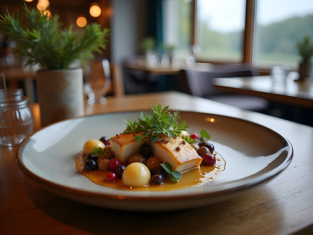 Elegant Finnish gourmet dinner featuring local ingredients in Savonlinna restaurant