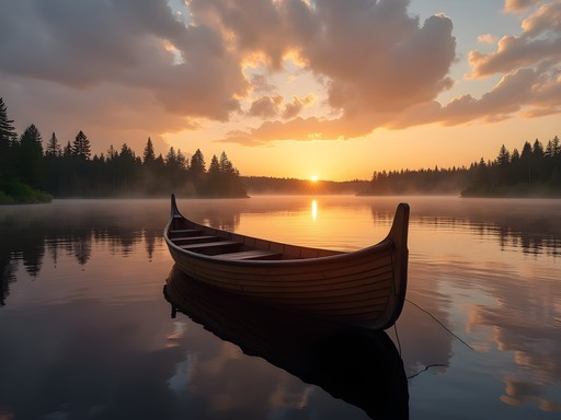 Traditional wooden boat on Lake Saimaa during golden hour with forest shoreline