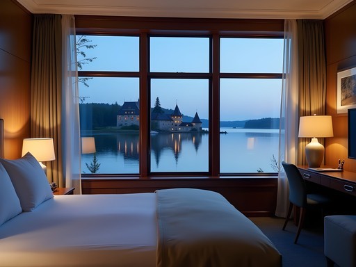 Luxury lakeside accommodation in Savonlinna with view of Olavinlinna Castle at twilight