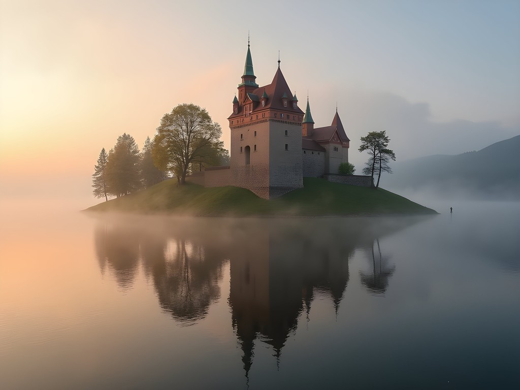 Olavinlinna Castle emerging from morning mist on Lake Saimaa in Savonlinna, Finland