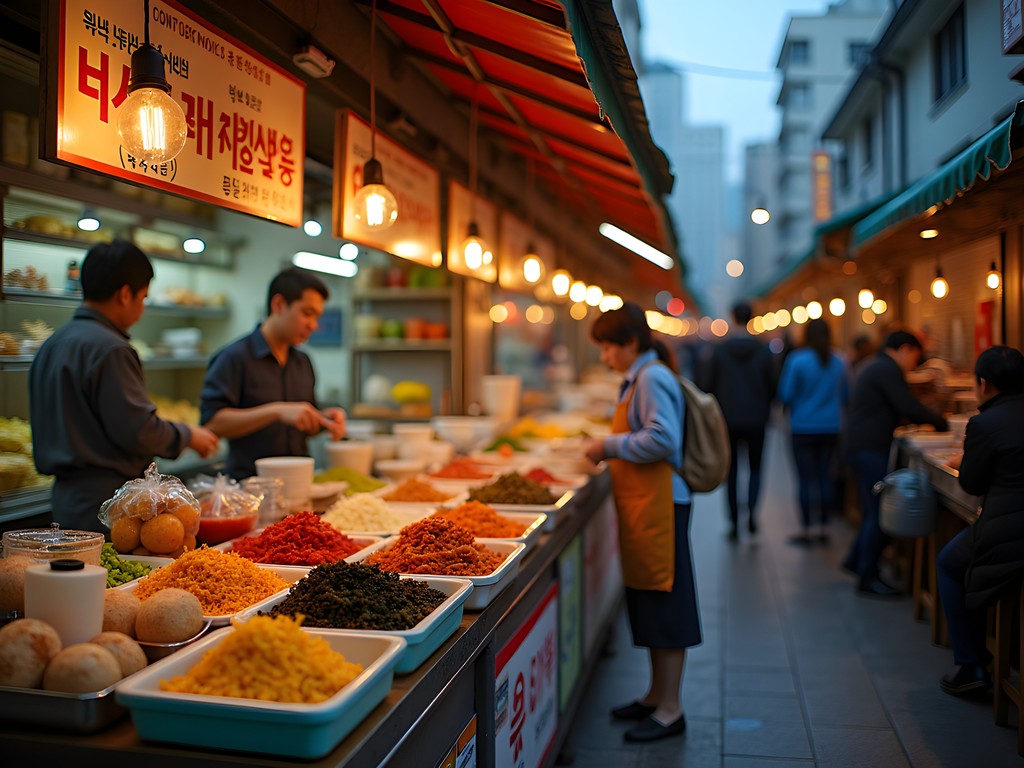 Bustling food stalls at Gwangjang Market in Seoul