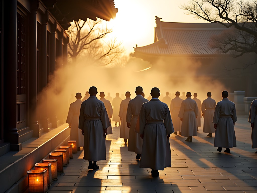 Dawn ceremony with monks at Jogyesa Temple in Seoul