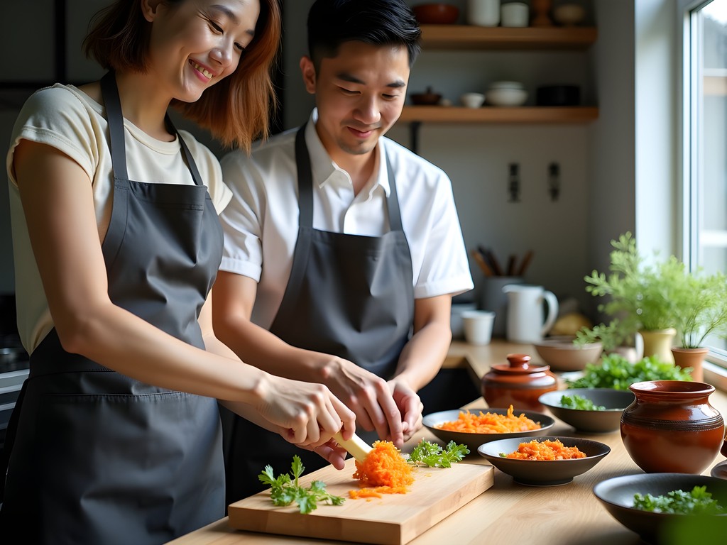 Couple learning to make kimchi in a traditional Korean cooking class