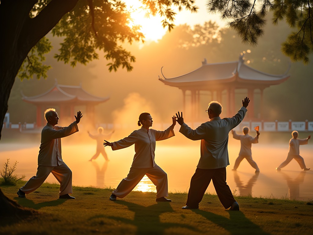 Local seniors practicing tai chi at sunrise in Gucheng Park Shanghai with morning mist rising from lake