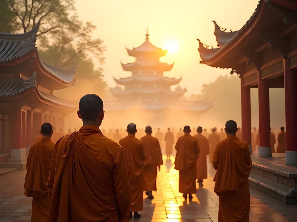 Buddhist monks performing dawn ceremony at Longhua Temple Shanghai with morning light illuminating ancient pagoda