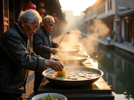 Early morning food vendors preparing traditional breakfast in Qibao Ancient Town Shanghai with steam rising from cooking stations