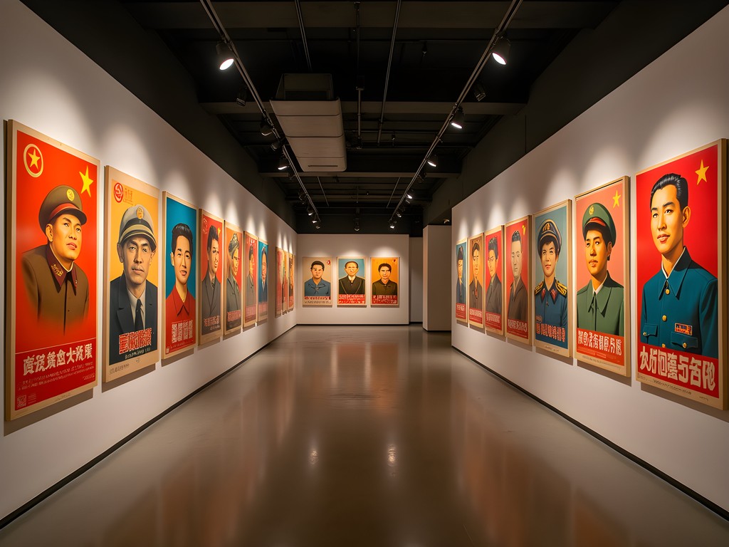 Collection of vintage Chinese propaganda posters displayed in Shanghai Propaganda Poster Art Centre with focused visitor examining historical artwork