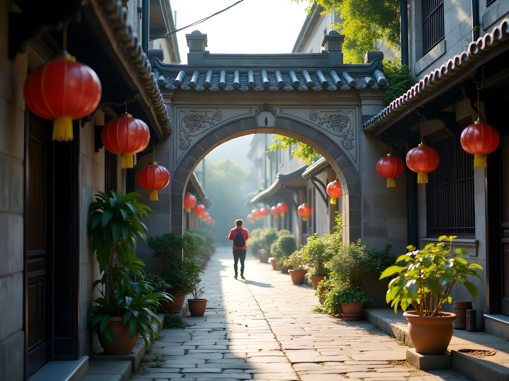 Early morning light illuminating traditional shikumen stone gate architecture in Tianzifang with laundry hanging across narrow lanes