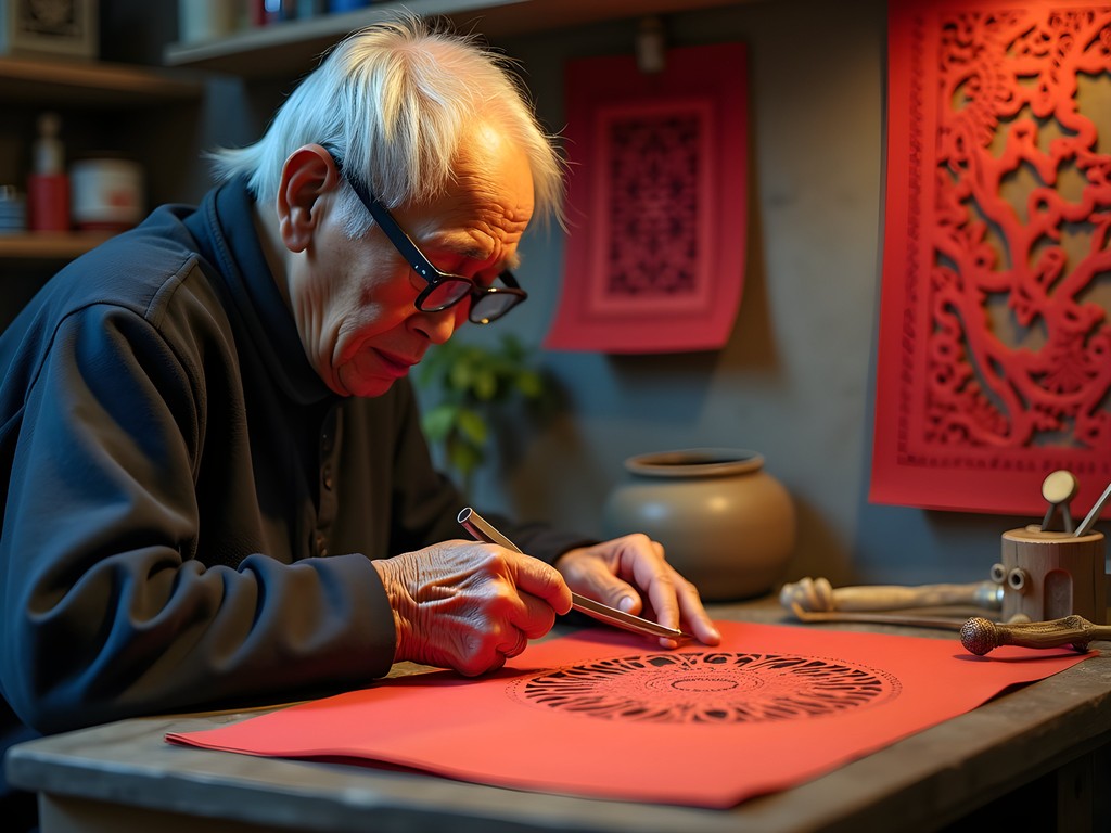Master artisan demonstrating traditional Chinese paper cutting technique in small workshop near Yuyuan Bazaar Shanghai