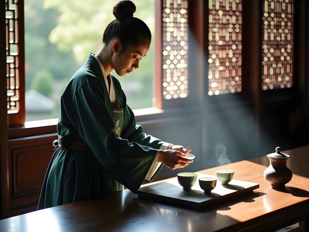 Traditional tea ceremony being performed at historic Mid-Lake Pavilion Teahouse in Yu Garden Shanghai